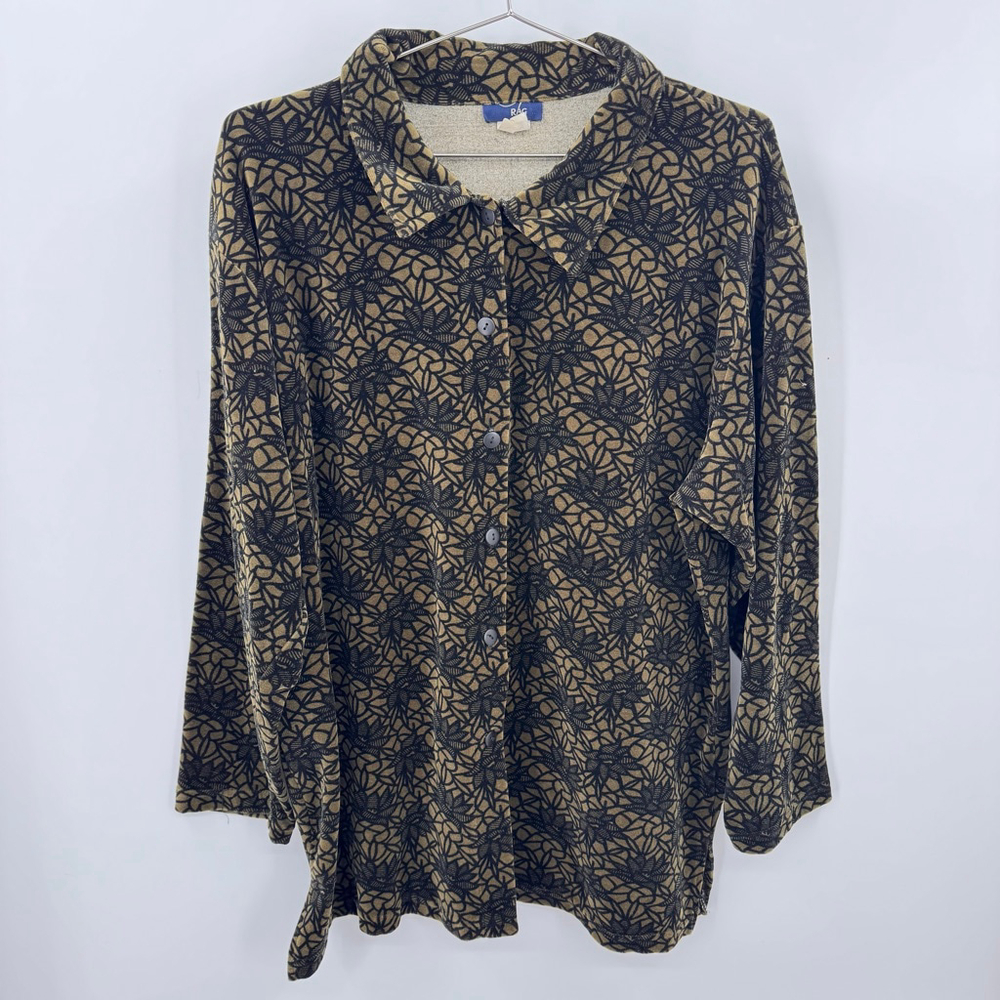 Rag Vintage Y2K Velvet Tunic Top Black Olive Lotus Flower Made in USA Whimsigoth
